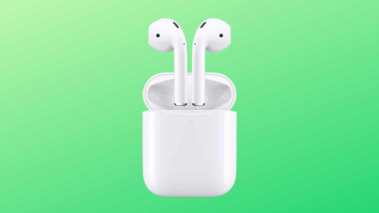 airpods against a green background