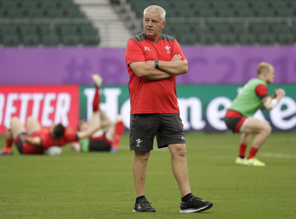 Wales coach Warren Gatland watches during training at the Oita Stadium in Oita, Japan, Tuesday Oct. 8, 2019. Wales will play against Fiji in their Rugby World Cup Pool D game on Oct. 9. (AP Photo/Aaron Favila)