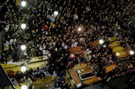 Coffins are seen inside the Coptic church that was bombed on Sunday, in Tanta, Egypt, April 9, 2017. REUTERS/Mohamed Abd El Ghany