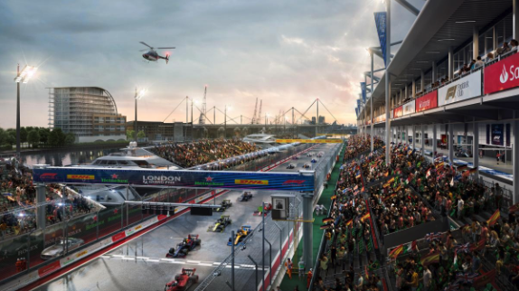 A rendering of the main straight for the proposed London Grand Prix (DAR)