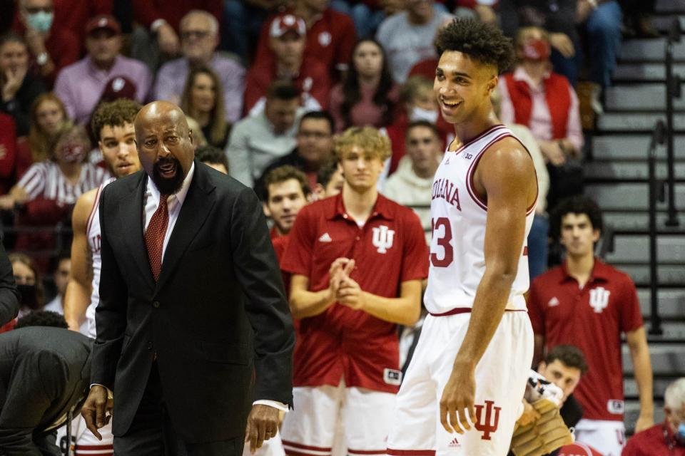 Indiana Hoosiers head coach Mike Woodson talks with forward Trayce Jackson-Davis (23) in the first half against the St. John's Red Storm at Simon Skjodt Assembly Hall.