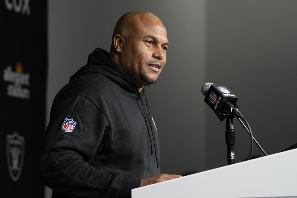 Las Vegas Raiders interim head coach Antonio Pierce speaks during a news conference following an NFL football game against the New York Jets Sunday, Nov. 12, 2023, in Las Vegas. The Raiders won 16-12. (AP Photo/John Locher)