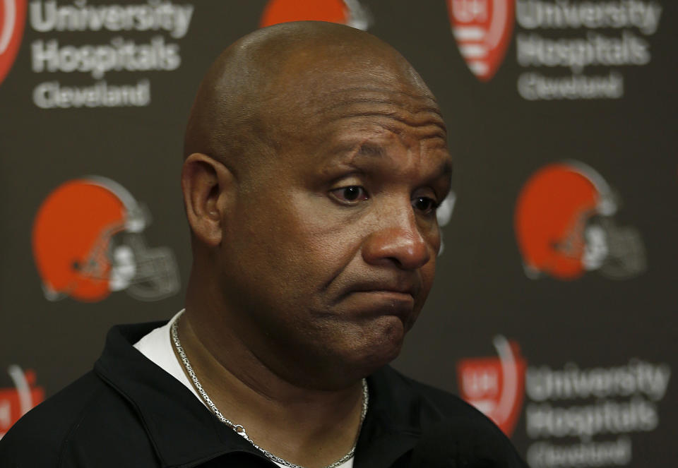 Cleveland Browns head coach Hue Jackson speaks at a news conference after the Browns lost to the Oakland Raiders 45-42 in overtime of an NFL football game in Oakland, Calif., Sunday, Sept. 30, 2018. (AP Photo/D. Ross Cameron)