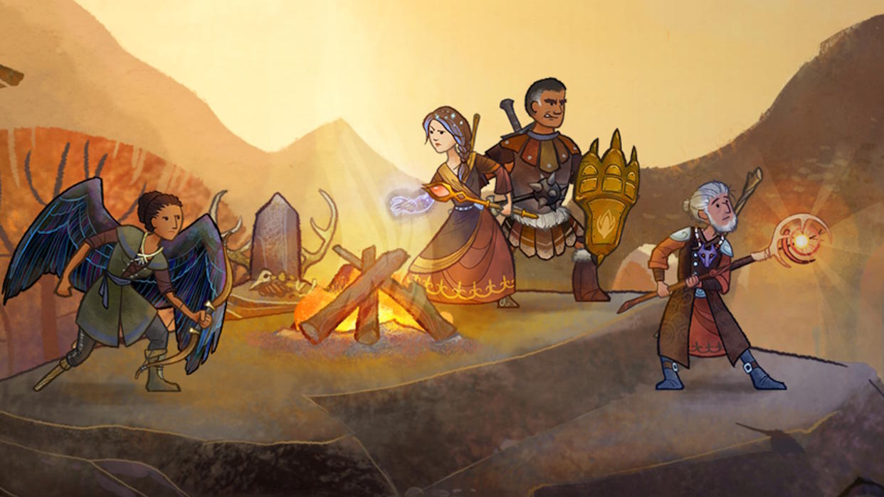  Wildermyth key art: Four fantasy characters standing around a campfire. 