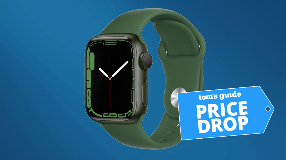 Green Apple Watch 7 against dark blue background