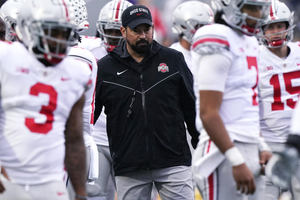 Ohio State head coach Ryan Day watches players before an NCAA college football game against Northwestern, Saturday, Nov. 5, 2022, in Evanston, Ill. (AP Photo/Nam Y. Huh)
