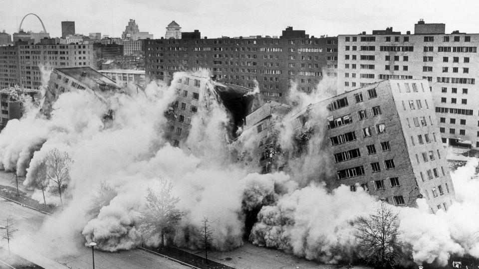 Dynamite brings down some of Pruitt-Igoe in April 1972 in St. Louis. Demolition of the 33-building complex had begun two months before. (Michael J. Baldridge/St. Louis Post-Dispatch via AP)