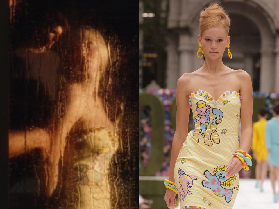 On the left: Cassie being dressed by Nate on season two of "Euphoria." On the right: A model walking the runway at the Moschino spring collection runway show.