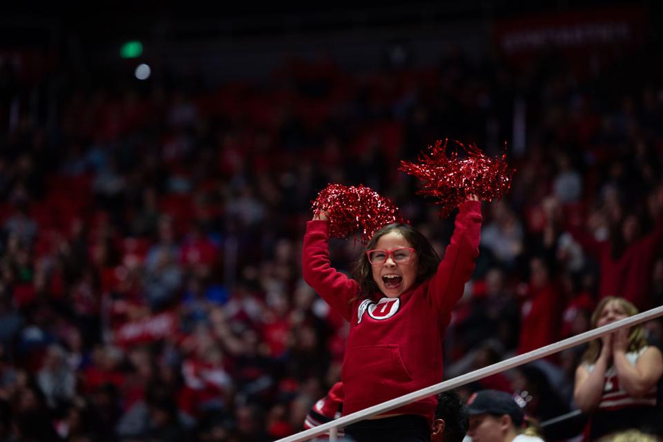 A Utah Utes fan cheers after a 3-pointer during a college women’s basketball game between the Utah Utes and the Stanford Cardinal at the Jon M. Huntsman Center in Salt Lake City on Friday, Jan. 12, 2024. | Megan Nielsen, Deseret News