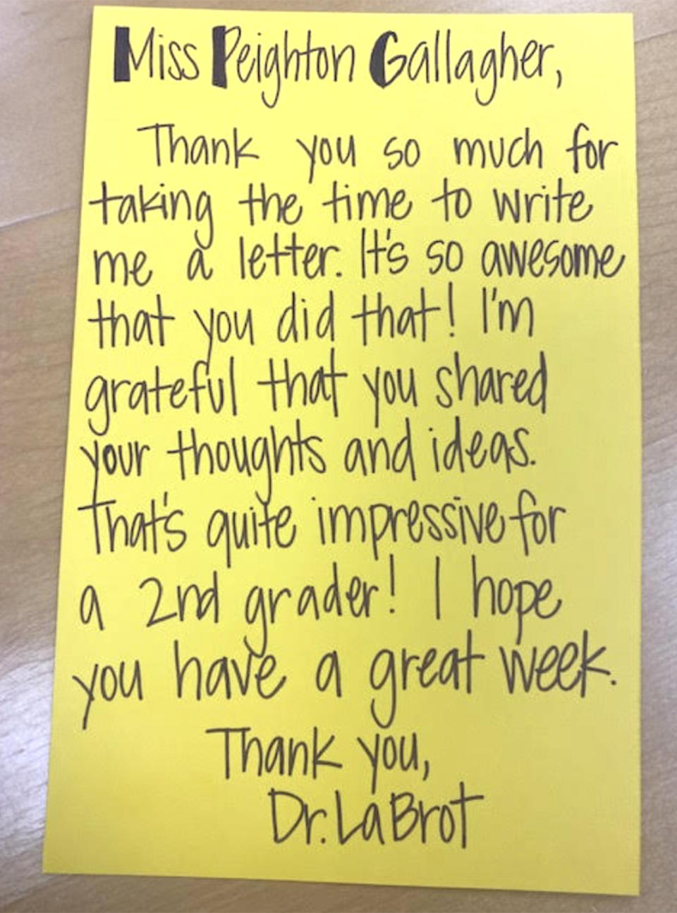 A note sent back to Peighton from a school administrator, thanking her for sharing her thoughts about school book bans. (Courtesy Rebecca Gallagher)