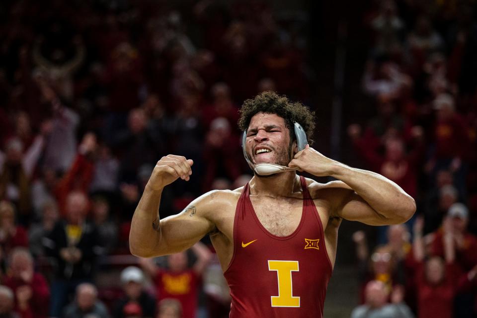 Iowa State's Younger Bastida wins at 197, during the CyHawk dual, on Sunday, Dec. 5, 2021, at Hilton Coliseum, in Ames. 