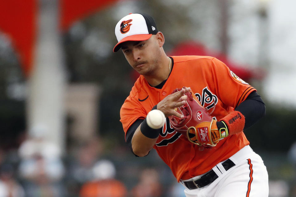 FILE - In this Tuesday, March 10, 2020 file photo, Baltimore Orioles shortstop Jose Iglesias throws to first base during a spring training baseball game against the Atlanta Braves in Sarasota, Fla. The Los Angeles Angels acquired veteran shortstop José Iglesias from the Baltimore Orioles on Wednesday, Dec. 2, 2020 in a trade for minor league right-handers Garrett Stallings and Jean Pinto.(AP Photo/Elise Amendola, File)