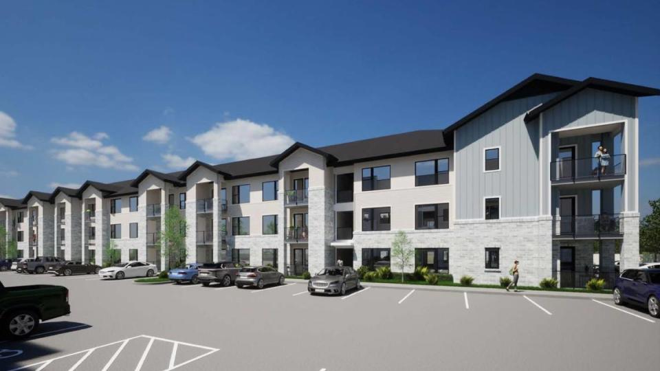 The Maple Grove development would include one-, two- and three-bedroom apartments spread among two four-story buildings and one three-story building, shown in this rendering.