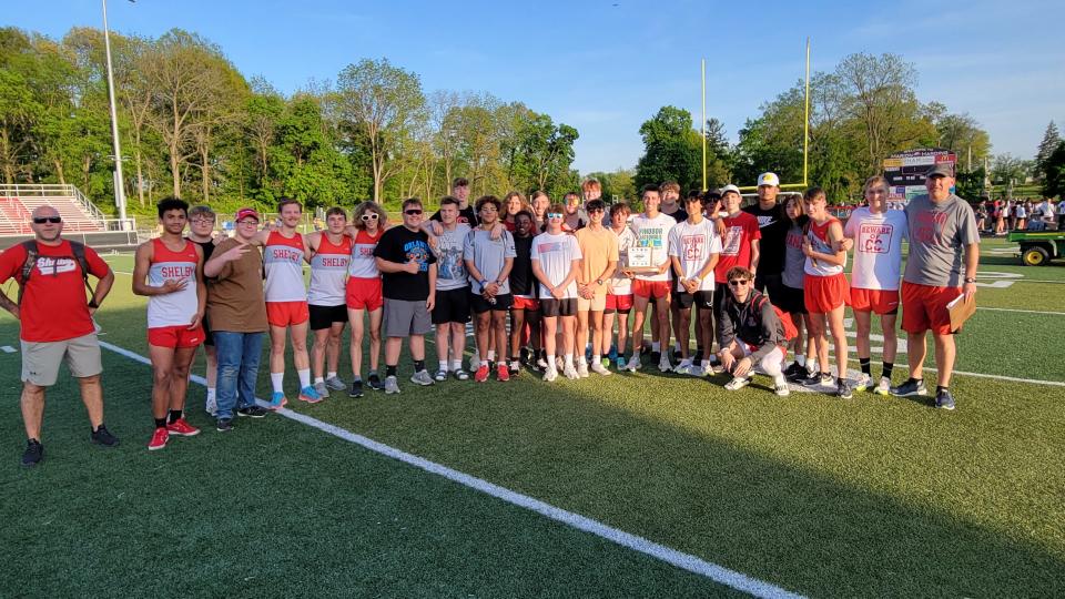 The Shelby boys track team won the MOAC title Thursday evening at Marion Grant Middle School in Marion, Ohio.