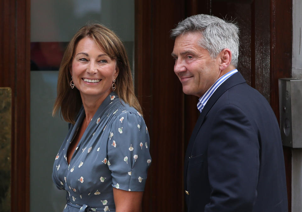 Carole and Michael Middleton arrive at the Lindo Wing after visiting their daughter Catherine, Duchess Of Cambridge and newborn son George in 2013. Source: Getty