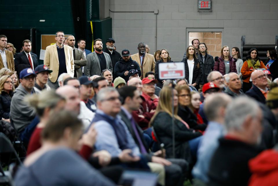 Springfield Cardinals fans and community members gather to listen to a press conference announcing that the city of Springfield has a plan to buy Hammons Field for $12 million.