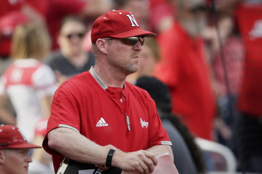 In this May 26, 2019, photo, Nebraska coach Darin Erstad attends an NCAA college Big Ten baseball game.