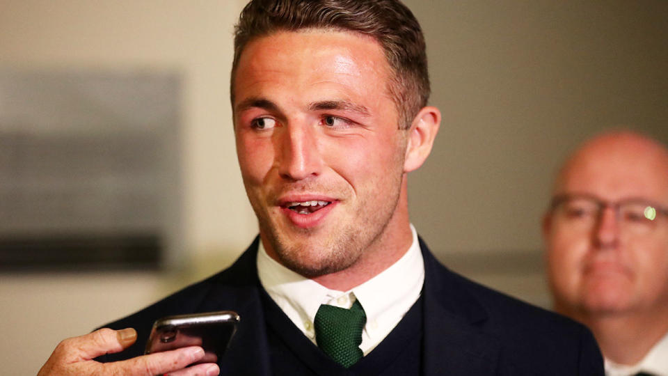 Sam Burgess speaks to the media following his judiciary hearing at NRL headquarters. (Photo by Mark Metcalfe/Getty Images)