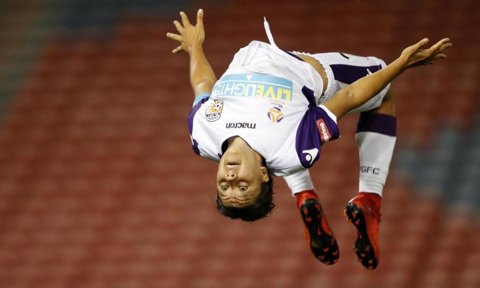 Sam Kerr celebrates one of the goals that made her Perth Glory’s record scorer.