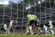 Bayern's Bastian Schweinsteiger, third left, in action with Real's Sergio Ramos, second left, during a first leg semifinal Champions League soccer match between Real Madrid and Bayern Munich at the Santiago Bernabeu stadium in Madrid, Spain, Wednesday, April 23, 2014. (AP Photo/Andres Kudacki)