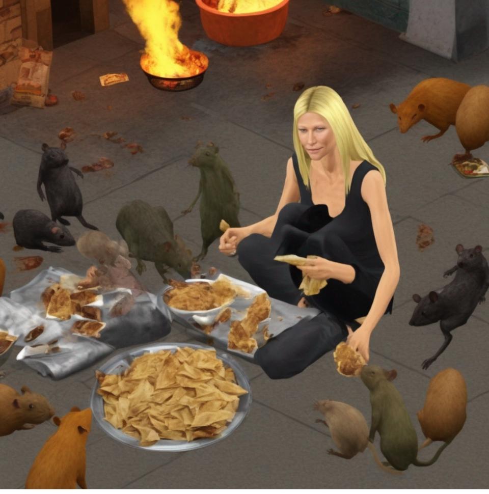 Animated woman with straight hair, black top, surrounded by rats and food on ground