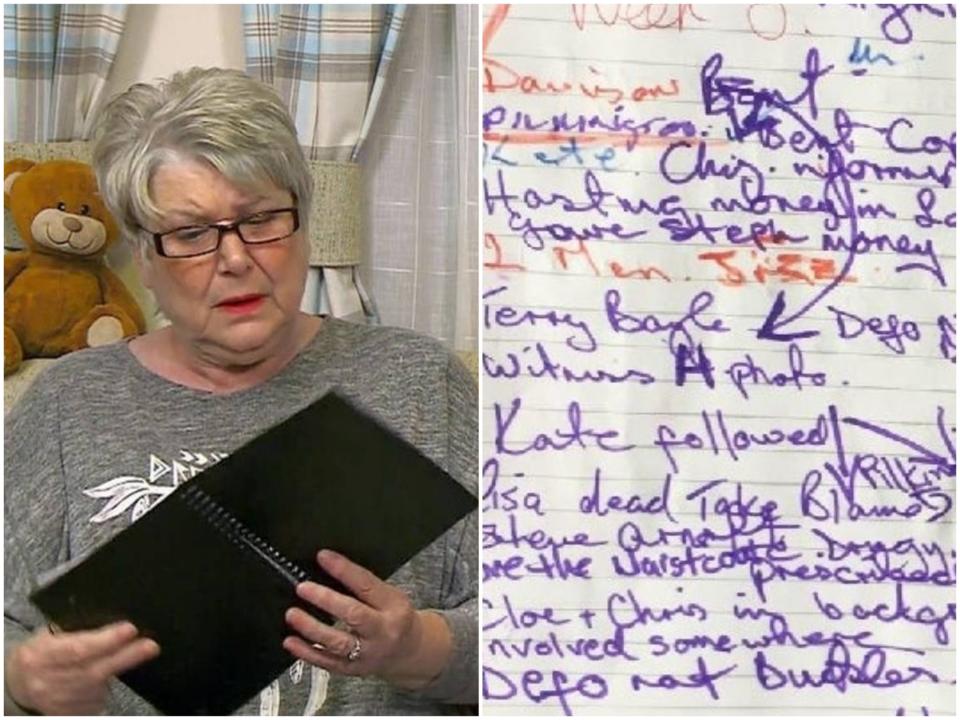 Gogglebox’s Jenny Newby with her Line of Duty notebook (left), and a close-up of some of her recent theories (right) (Channel 4)