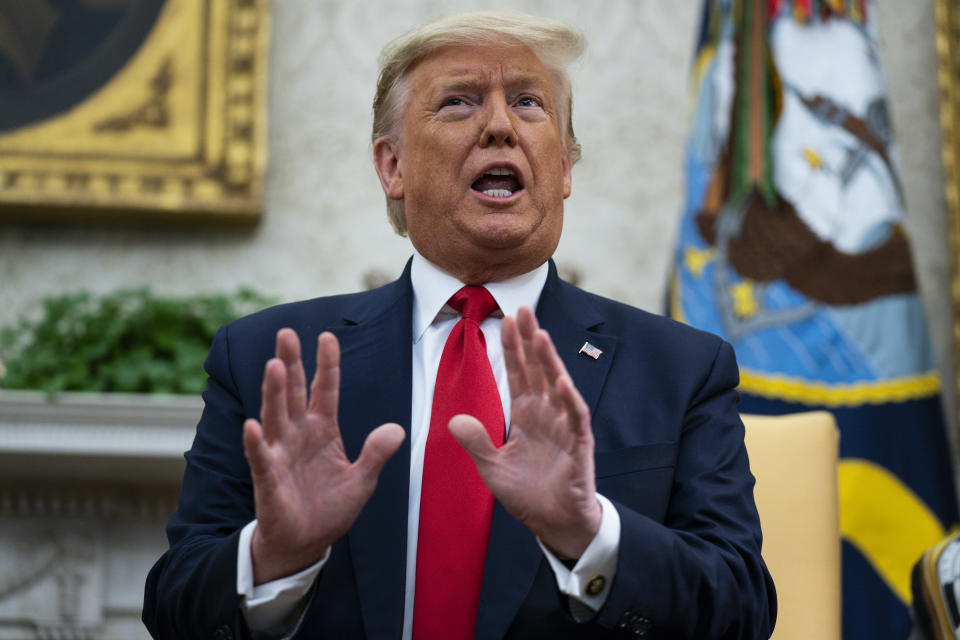 President Trump speaks to reporters in the Oval Office earlier this week. (AP Photo/Evan Vucci)                                                                                                                                                                                                                                                                                                                                                                                                                        