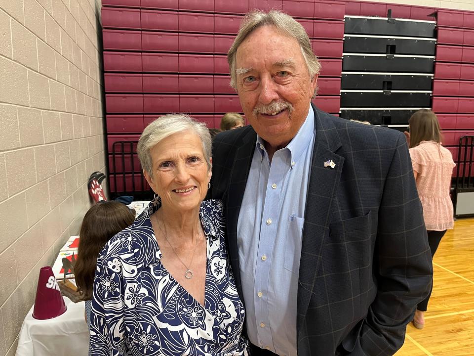 Lavonne Pierce, left, the first secretary when West Valley Middle School opened in 1999, is shown with her husband, Bo Pierce, during the school’s 25th anniversary celebration inside the gymnasium on May 14, 2024.