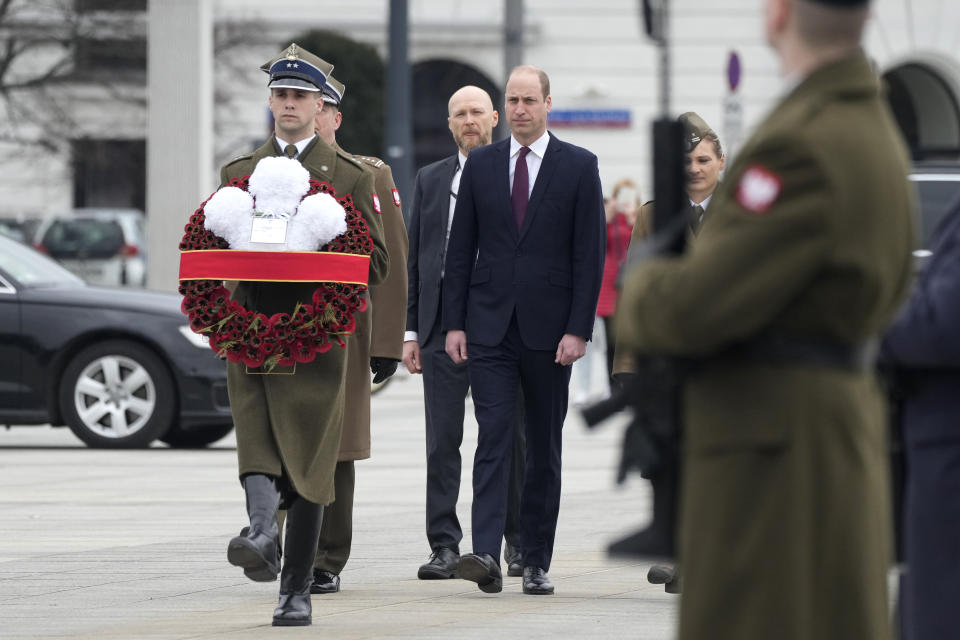 Britain's Prince William arrives to lay a wreath of flowers at the Tomb of the Unknown Soldier in Warsaw, Poland, Thursday, March 23, 2023. (AP Photo/Czarek Sokolowski)