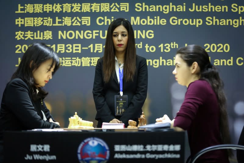 Iran chess referee Shohreh Bayat looks on during the Women's World Chess Championship in Shanghai