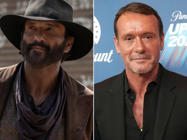 <p>Emerson Miller/Paramount+ ; Mary Kouw/CBS/Getty</p> Tim McGraw as James Dutton in the 'Yellowstone' prequel show '1883.'