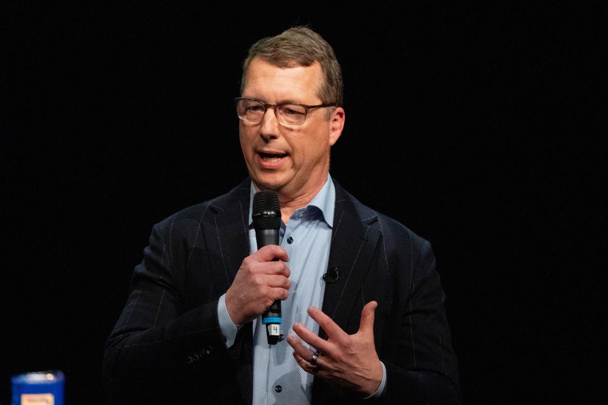 Eric Doden, a Fort Wayne entrepreneur, speaks to the audience on Thursday, Jan. 25, 2024, during a First Principles Forum of Indiana Republican candidates for governor at Tarkington Theater in Carmel, Indiana.