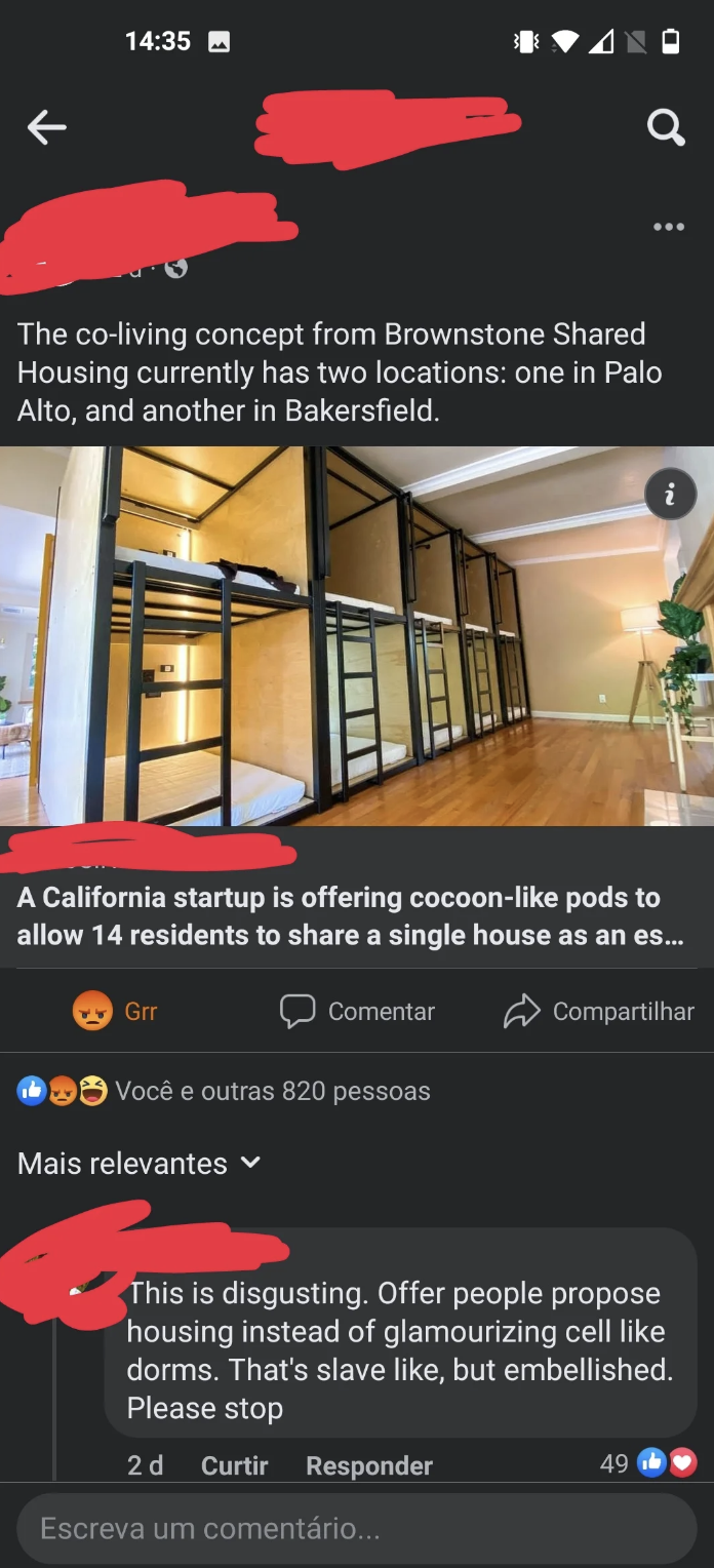 A post about a Brownstone "co-living concept" in California that consists of bunk bed–type "pods" with a ladder where up to 14 people can live in a house