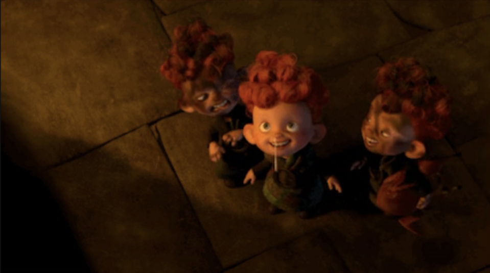 The three naughty triplets from Pixar's "Brave" grin up at somebody