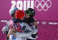 Nicholas Goepper, left, and Gus Kenworthy, center, of the United States congratulate their teammate Joss Christensen, right, after his gold medal win in the men's ski slopestyle final at the Rosa Khutor Extreme Park, at the 2014 Winter Olympics, Thursday, Feb. 13, 2014, in Krasnaya Polyana, Russia. (AP Photo/Gero Breloer)