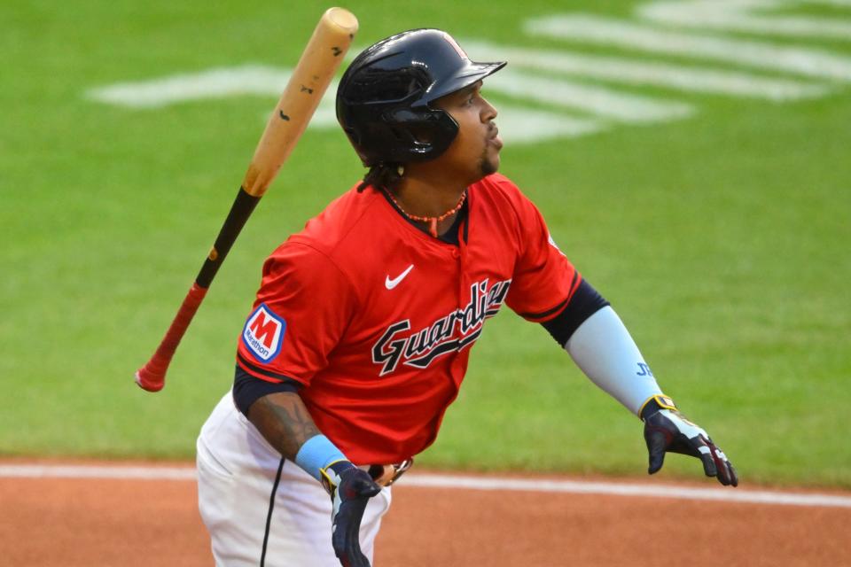 Aug 24, 2024; Cleveland, Ohio, USA; Cleveland Guardians third baseman Jose Ramirez (11) tosses his bat after hitting a single in the first inning against the Texas Rangers at Progressive Field. Mandatory Credit: David Richard-USA TODAY Sports