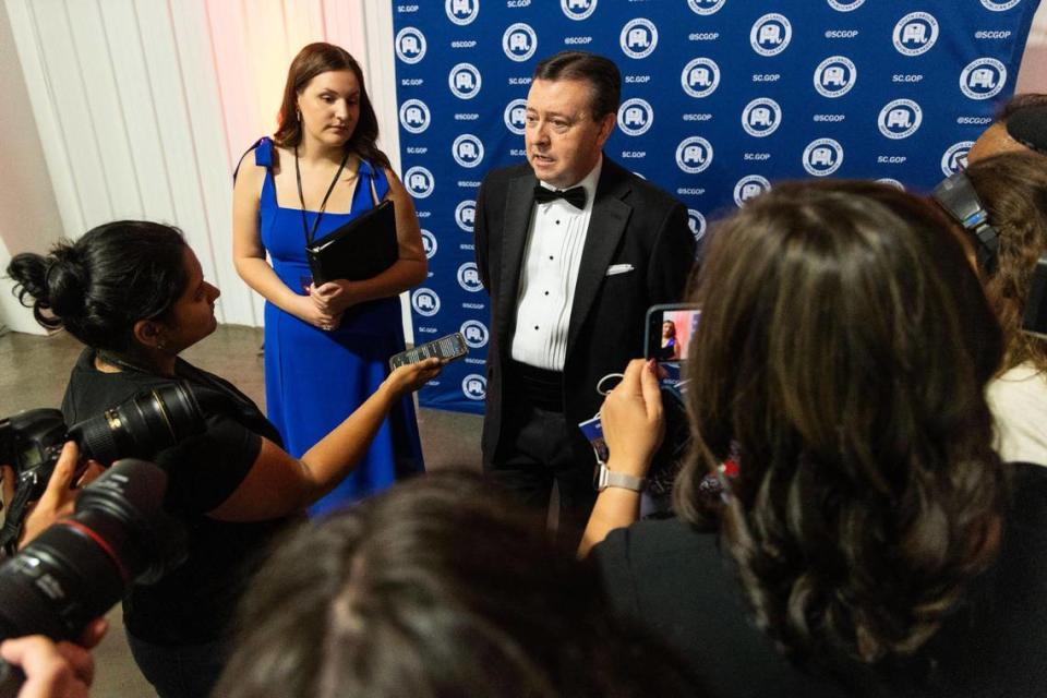 Drew McKissick, party chair of the South Carolina Republican Party, speaks to media at the Silver Elephant Gala in Columbia, South Carolina on Saturday, August 5, 2023. The Gala is a fundraiser for the South Carolina Republican Party.