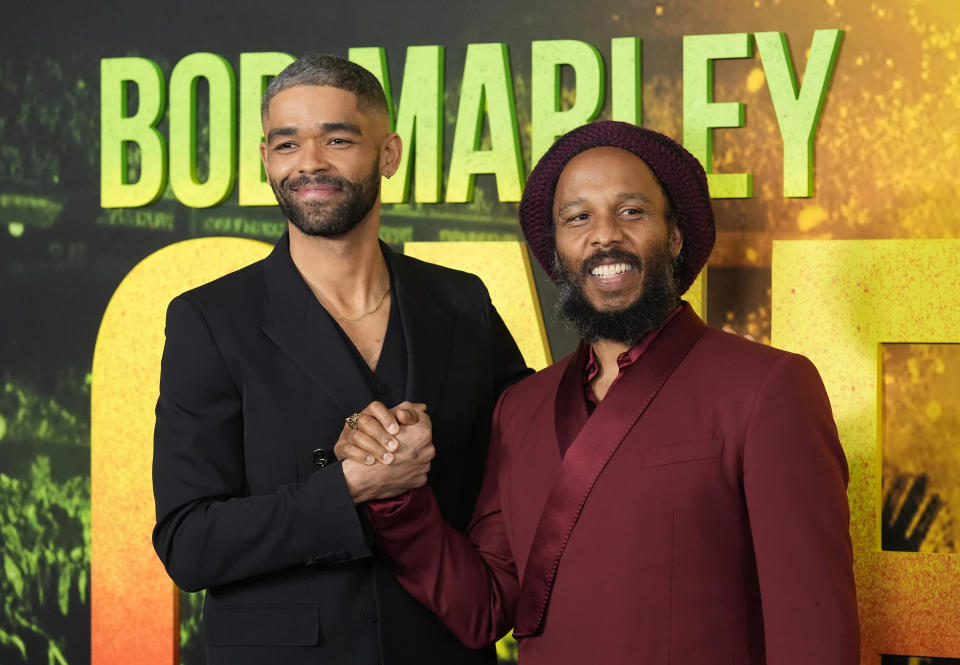 Kingsley Ben-Adir, left, star of "Bob Marley: One Love," poses with Marley's son Ziggy at the premiere of the film, Tuesday, Feb. 6, 2024, in Los Angeles. (AP Photo/Chris Pizzello)