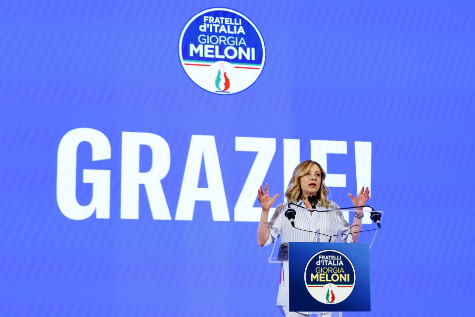 Italian Prime Minister Giorgia Meloni speaks about the results of the European Parliamentary elections at a press conference at the Fratelli d'Italia party electoral committee in Rome, Monday, June 10, 2024. (Roberto Monaldo/LaPresse via AP)