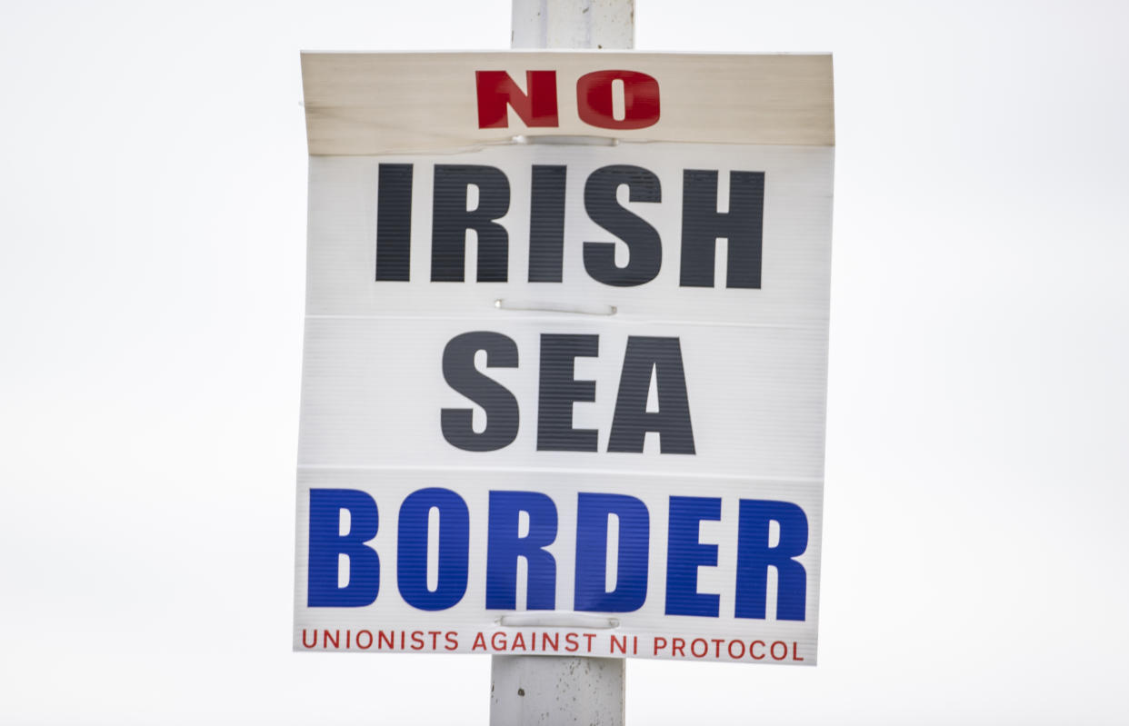 An anti-Northern Ireland Protocol sign close to Larne Port, as a Bill to amend the Northern Ireland Protocol unilaterally will be introduced in Parliament today, amid controversy over whether the legislation will break international law. Picture date: Monday June 13, 2022.