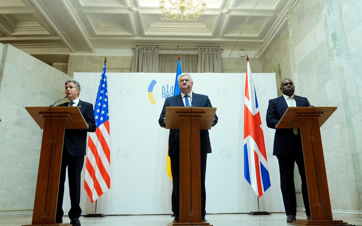 US Secretary of State Antony Blinken, Ukraine's Foreign Minister Andrii Sybiha and Britain's Foreign Secretary David Lammy address a press conference in Kyiv