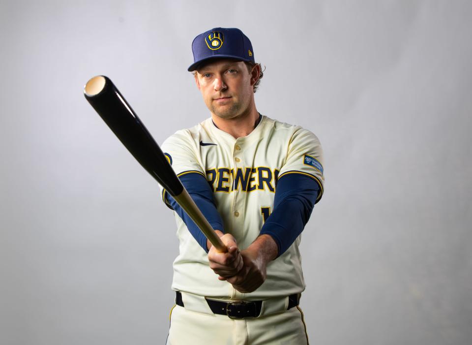 Rhys Hoskins poses for a portrait at Brewers photo day.