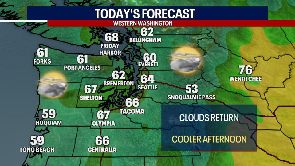 <div>A map showing the high temperatures forecasted for Monday in Western Washington</div> <strong>(FOX 13 Seattle)</strong>