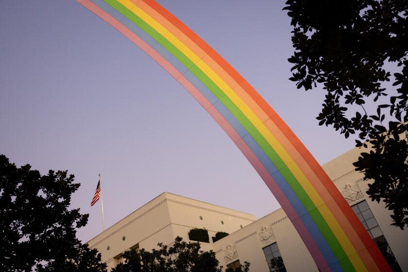 Culver City, CA - November 02: A giant rainbow structure, at dusk, on the Sony Pictures Studios lot, in Culver City, CA, Thursday, Nov. 2, 2023. (Jay L. Clendenin / Los Angeles Times)