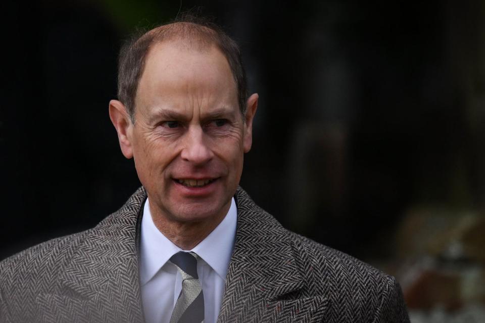Britain's Prince Edward, Earl of Wessex reacts as he leaves at the end of the Royal Family's traditional Christmas Day service at St Mary Magdalene Church in Sandringham, Norfolk, eastern England, on Dec. 25, 2022.