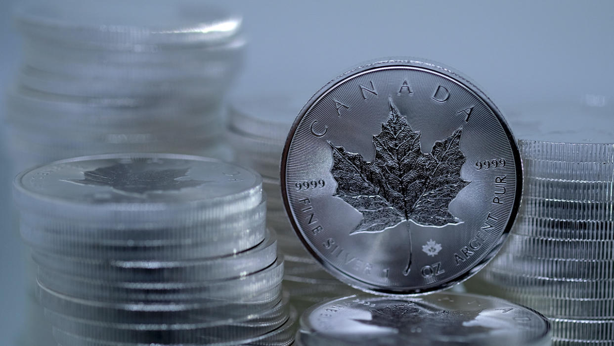 In this photo illustration, one-ounce silver Canadian Maple Leaf bullion coins are arranged in Katwijk, Netherlands, on March 14, 2021.