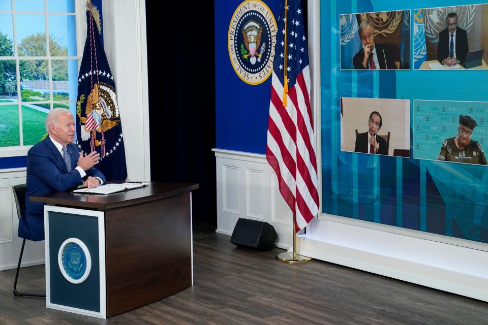 President Joe Biden speaks during a virtual COVID-19 summit during the 76th Session of the United Nations General Assembly, in the South Court Auditorium on the White House campus, Wednesday, Sept. 22, 2021, in Washington.