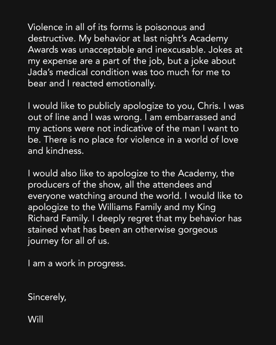 威爾史密斯正式對打人行為作出道歉。（圖／臉書粉絲頁）