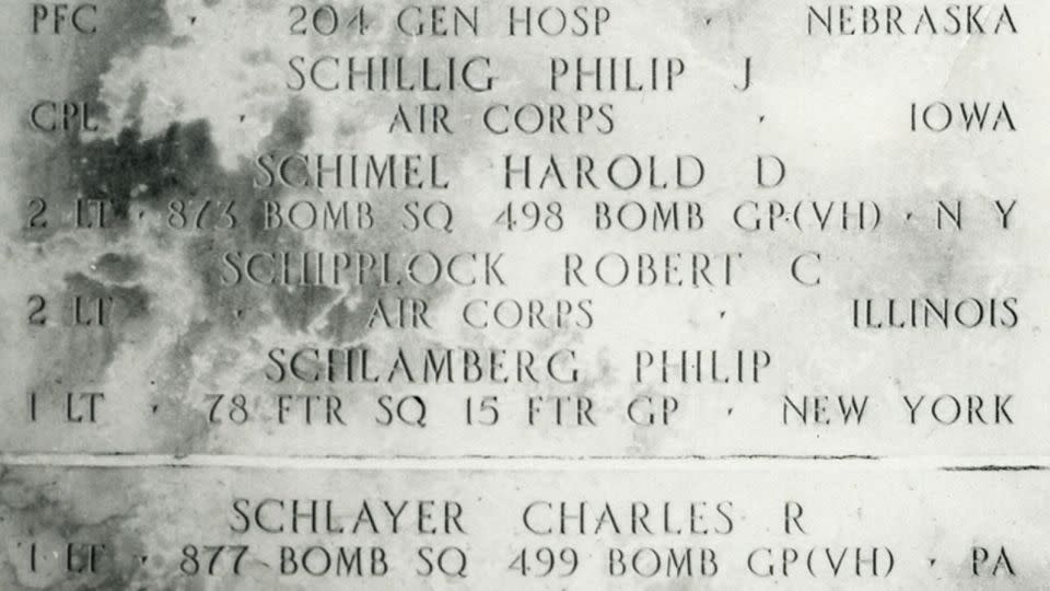 Schlamberg's name on the Wall of the Missing at the Honolulu Memorial, located in the National Memorial Cemetery of the Pacific, in Honolulu, Hawaii, 2017. - American Battle Monuments Commission/NHD Silent Heroes