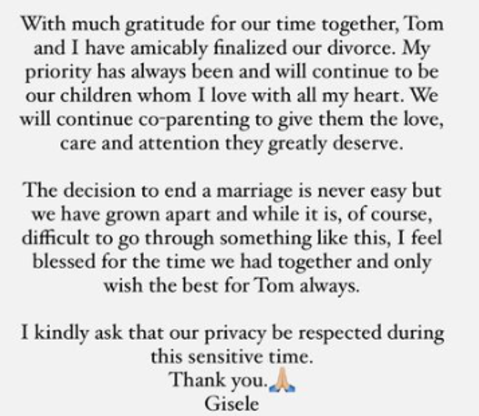 Supermodel Gisele announcing her divorce from Tom Brady (Instagram)